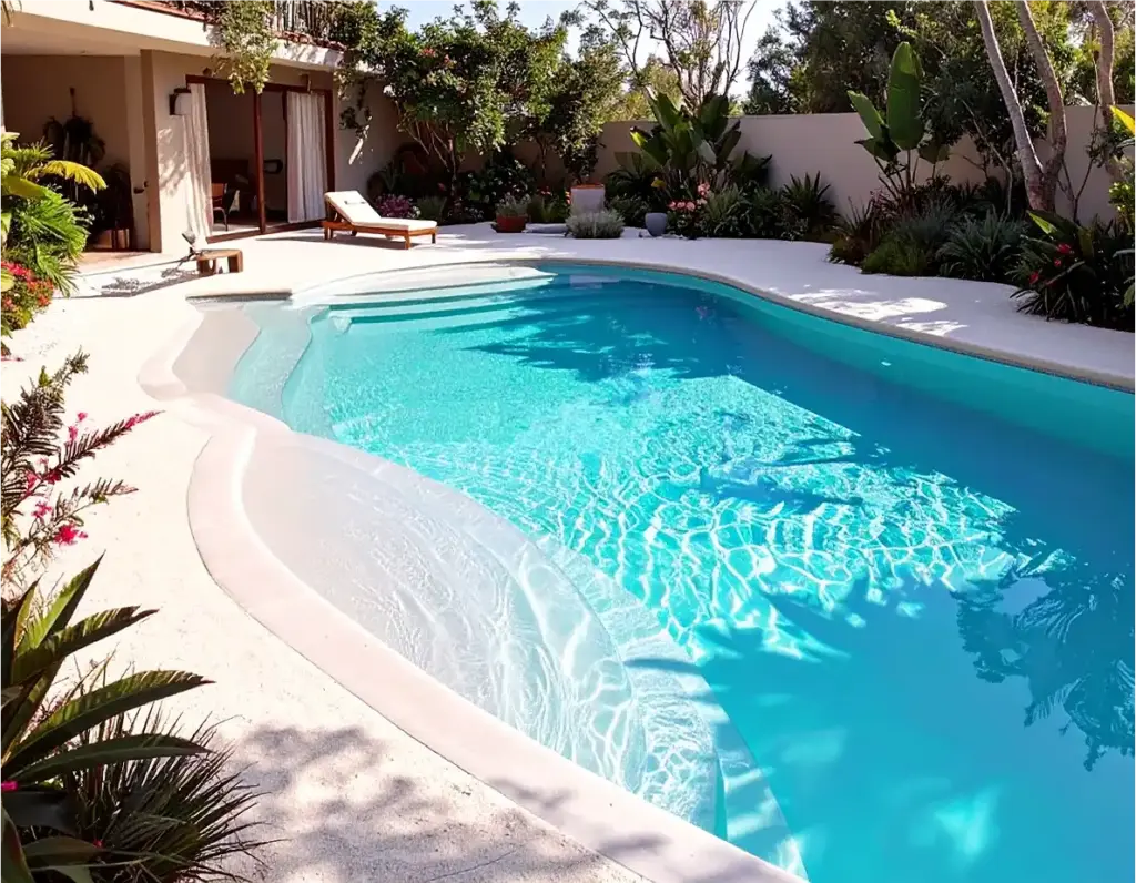 piscina con efecto arena de playa en casa particular